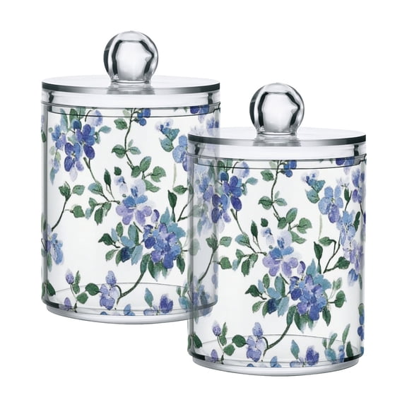 Blue and Purple Flowers Leaves Watercolor Translucent Plastic Cans Storage Canisters with Lid Set of 2