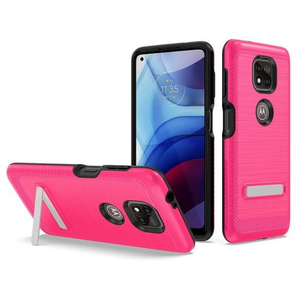 Brushed Textured Dual Layer Hybrid Case with Kickstand for Motorola Moto G Power 2021 - Hot Pink