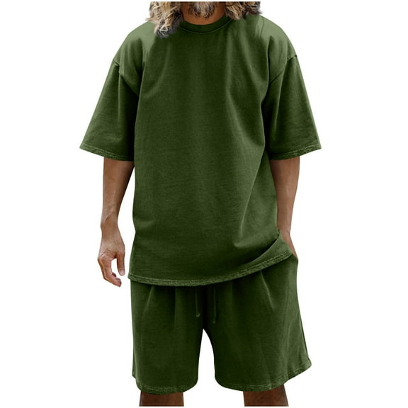 Stamzod Mens Track Suits 2 Piece Set Summer Solid Color Short Sleeve Tshirt and Shorts Casual Loose Plus Size Workout Running Short Sets for Men with Pocket Army Green L