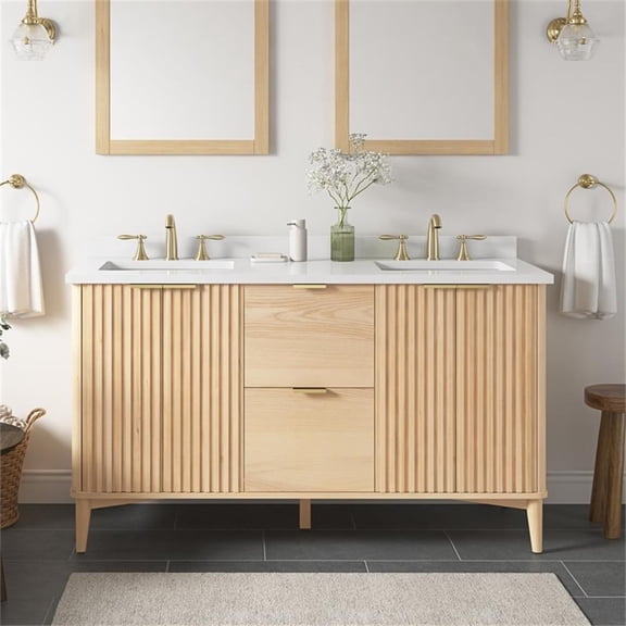 Pemberly Row 60" Double Bathroom Vanity in Rustic Ash with White Countertop