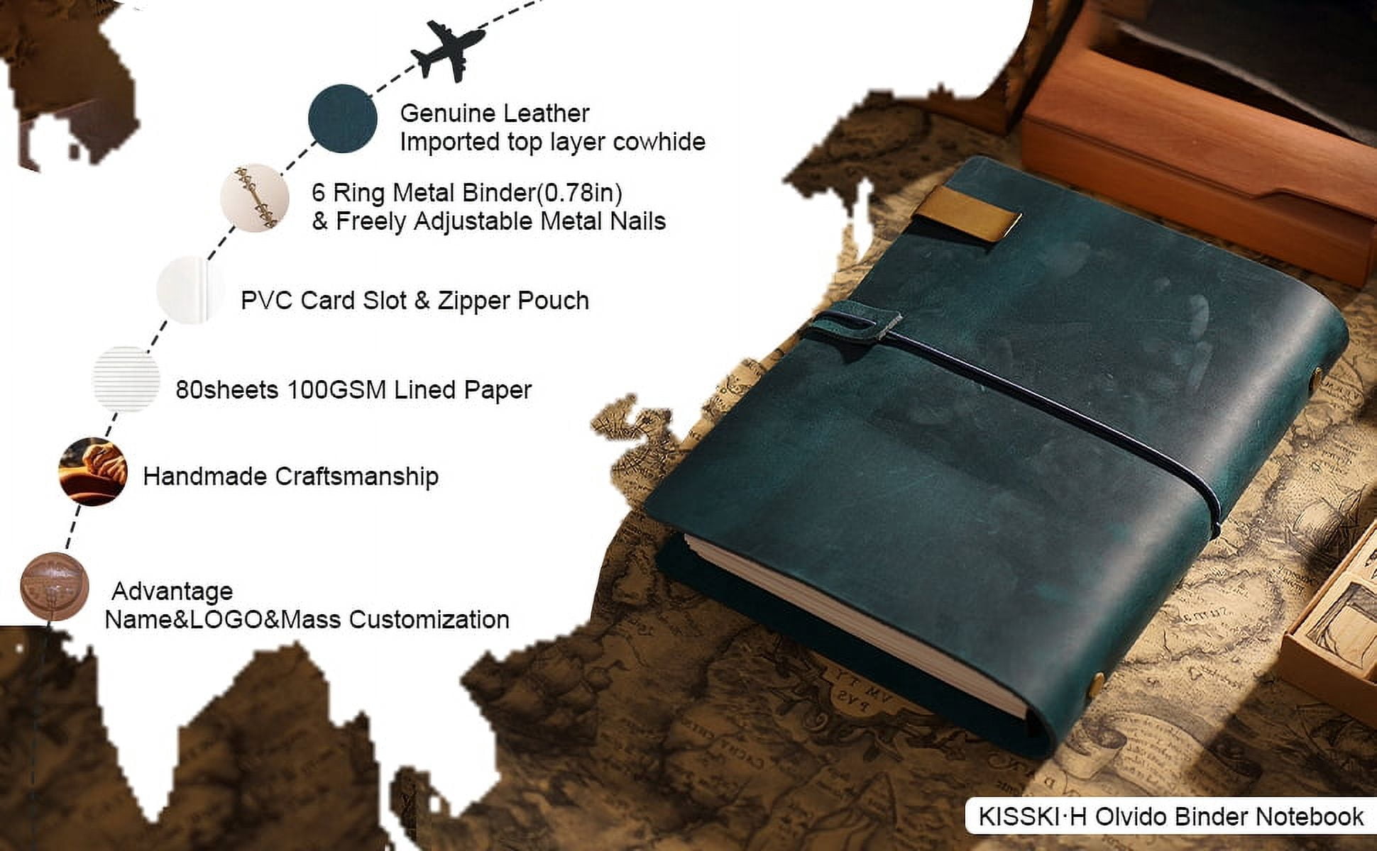 KISSKI·H Olvido A5 Refillable Leather Journal Writing Notebook, Vintage Planner Binder Notebook with Wrap Strap, 6 Ring Binder Travelers Diary Notebook, Gift for Women/Men, Blue