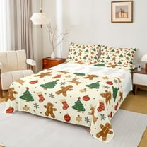 Manfei Cute Gingerbread Xmas Tree Full Size Sheets, Christmas Stocking Snowflake Bed Sheets, New Year Festival Sheet Sets Luxury Bedroom Decor 4pcs