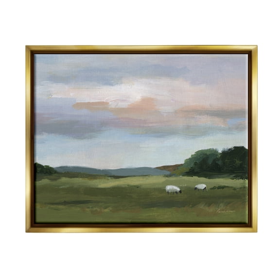 Stupell Industries Sheep in Country Field Landscape Painting Gold Floater Framed Canvas Art Print Wall Art, 31 x 25