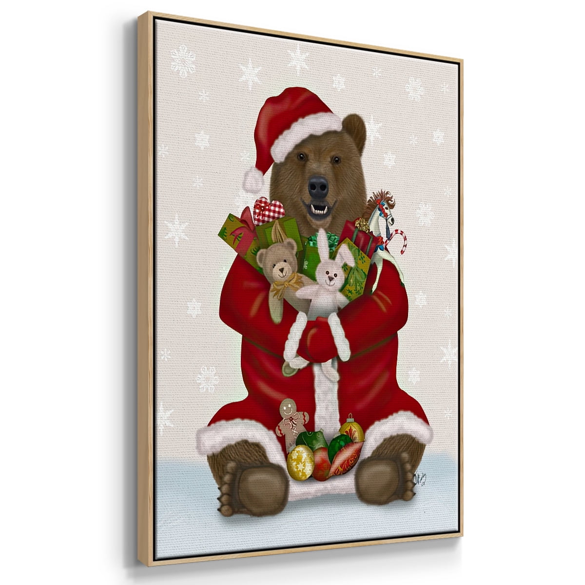 Christmas Christmas Present Bear Hug - Framed Gallery Wrapped Holiday Canvas - 27 x 41 - Natural Wood Frame