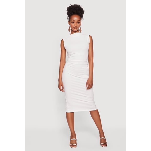 Women's Mock Neck Side Ruched Sleeveless Midi Dress