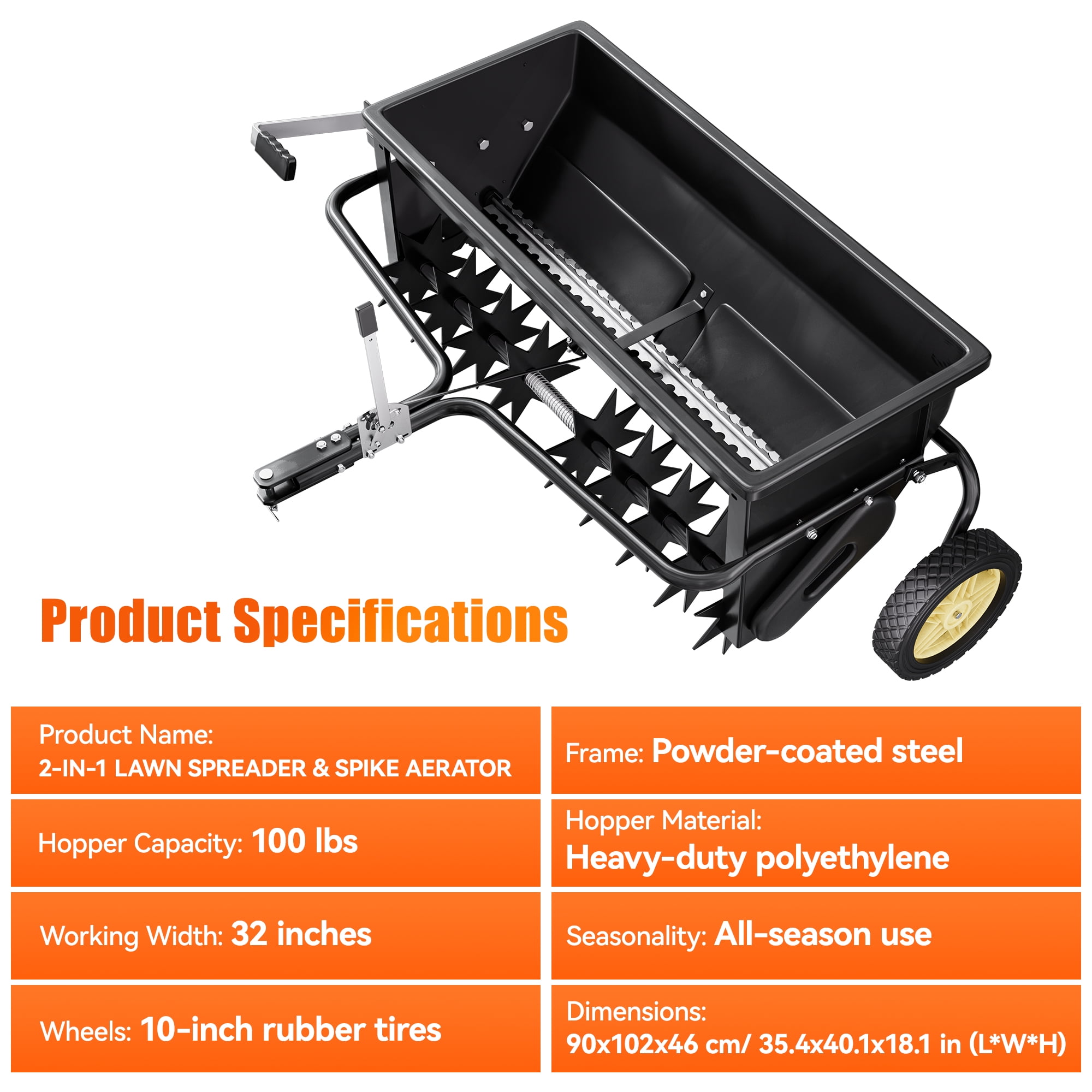 2-in-1 32" Tow Behind Lawn Spreader & Spike Aerator, 100 lbs Broadcast Seeder with 72 Aeration Tines, Universal Hitch for ATV, UTV & Garden Tractors