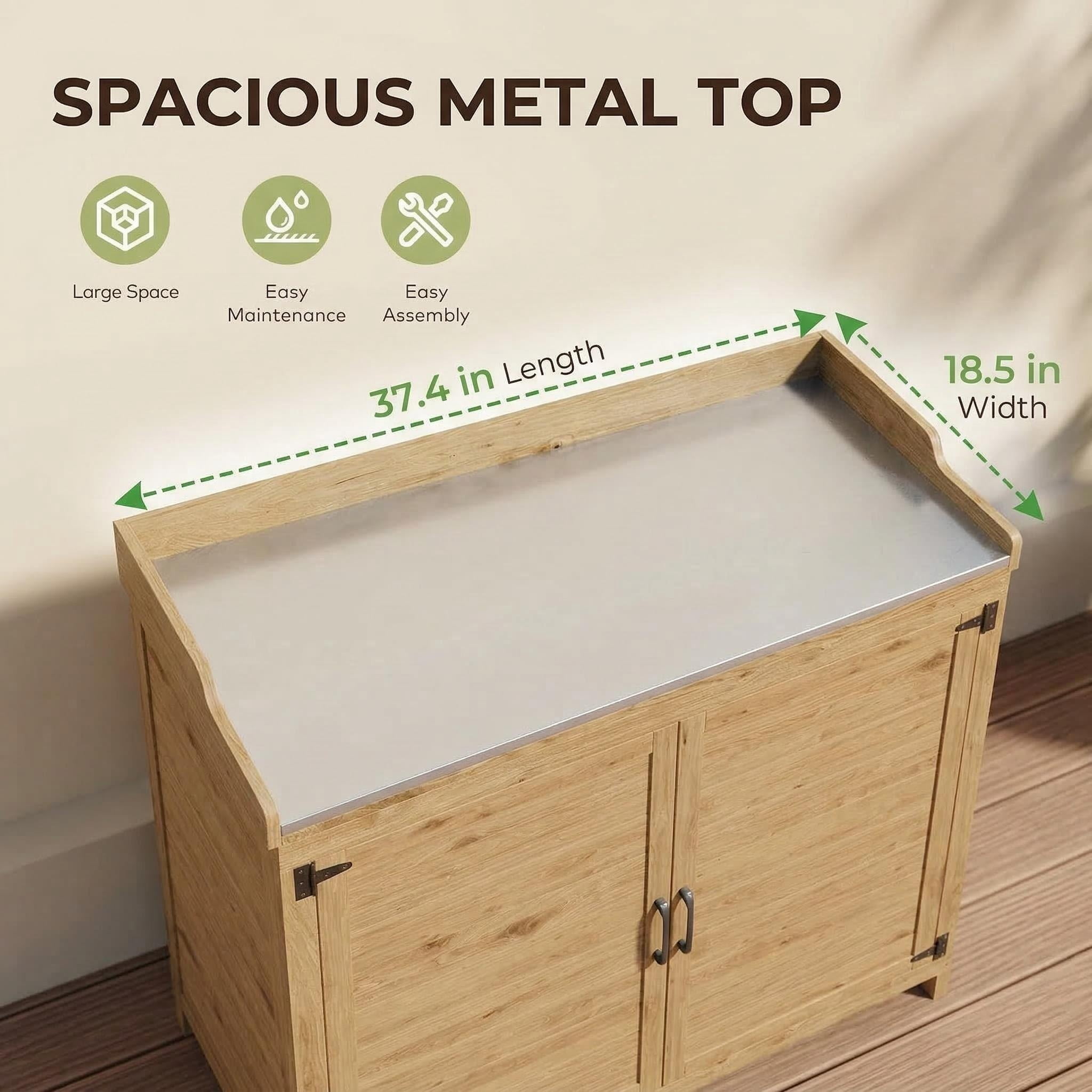 Lofka Outdoor Wooden Storage Cabinet with Potting Bench, Natural Wood Color, Weatherproof Garden Work Station, Patio Tool Shed for Backyard