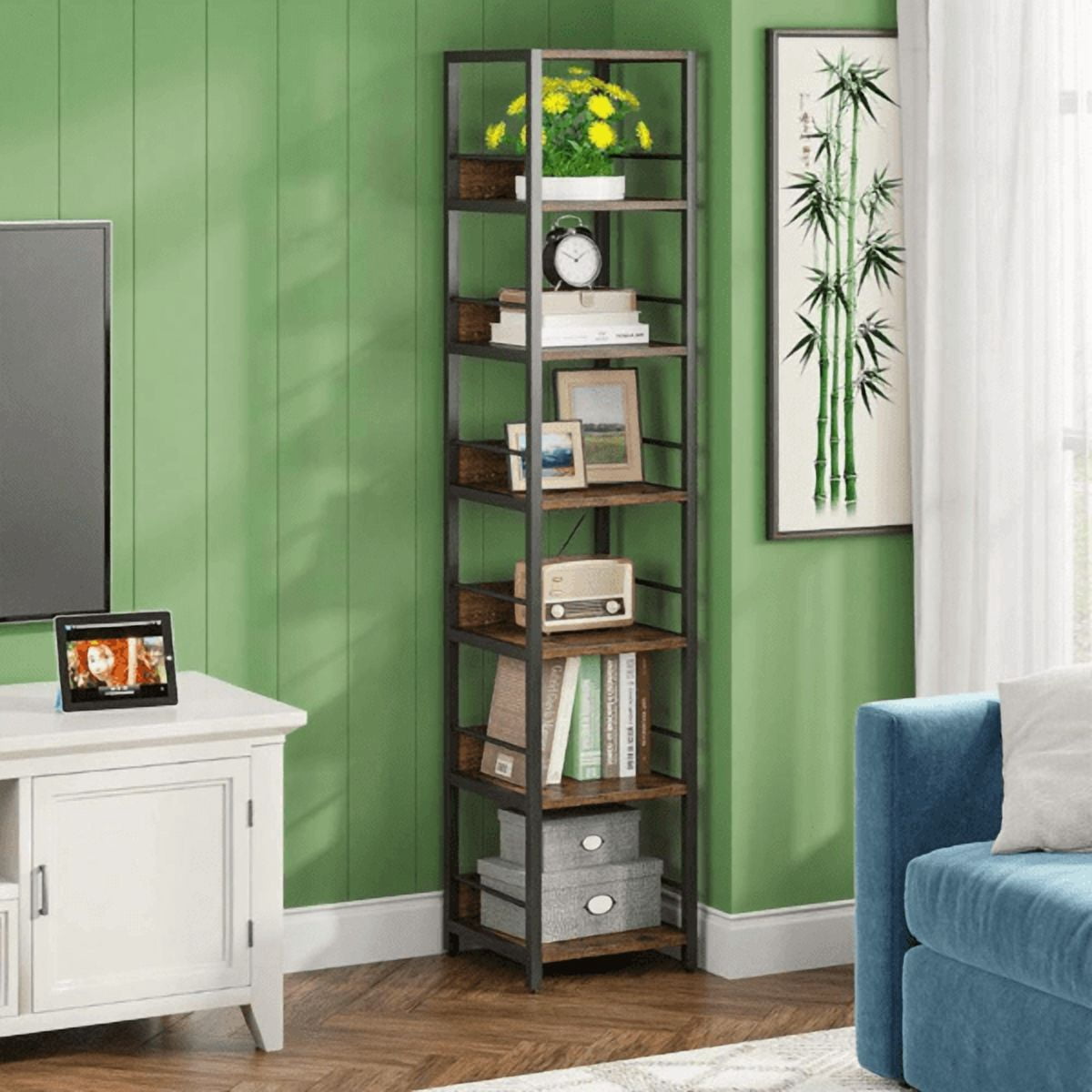 6-Tier Corner Bookshelf, Space-Saving Storage Rack with Fences, Solid Particleboard & Metal Frame, Multipurpose for Living Room, Kitchen, Bathroom