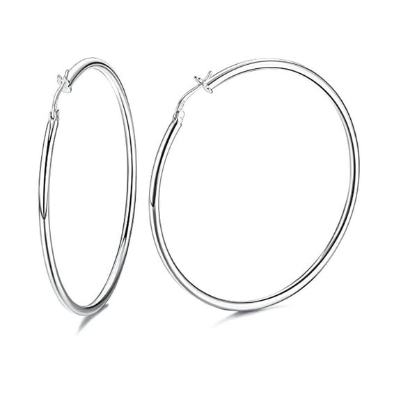 18k White Gold Hoop Earrings (50mm Dia) Plated by Paris Jewelry