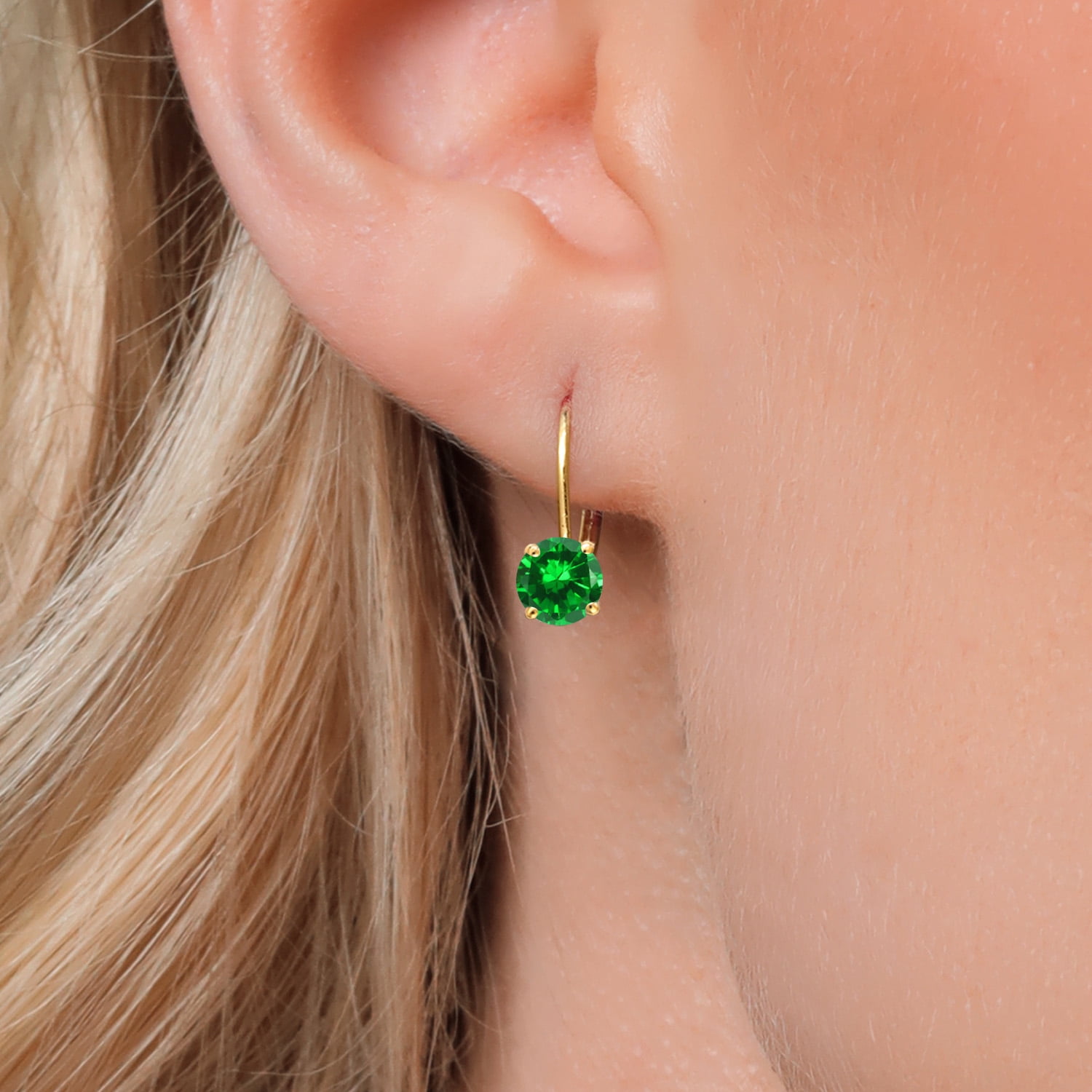 Gem Stone King 14K Yellow Gold Green Created Emerald Dangle Earrings for Women | 2.00 Cttw | Gemstone May Birthstone | Round 6MM
