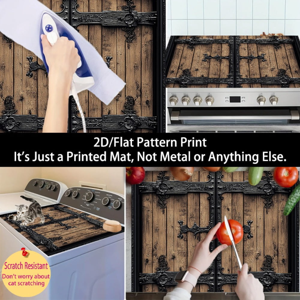 1 2D/flat stove cover protection pad, retro-style wooden ironwork decorative door pattern design, 28.3x20.5 inches (72×52cm), easy to clean, perfectly suitable for any kitchen, washing machine, dryer