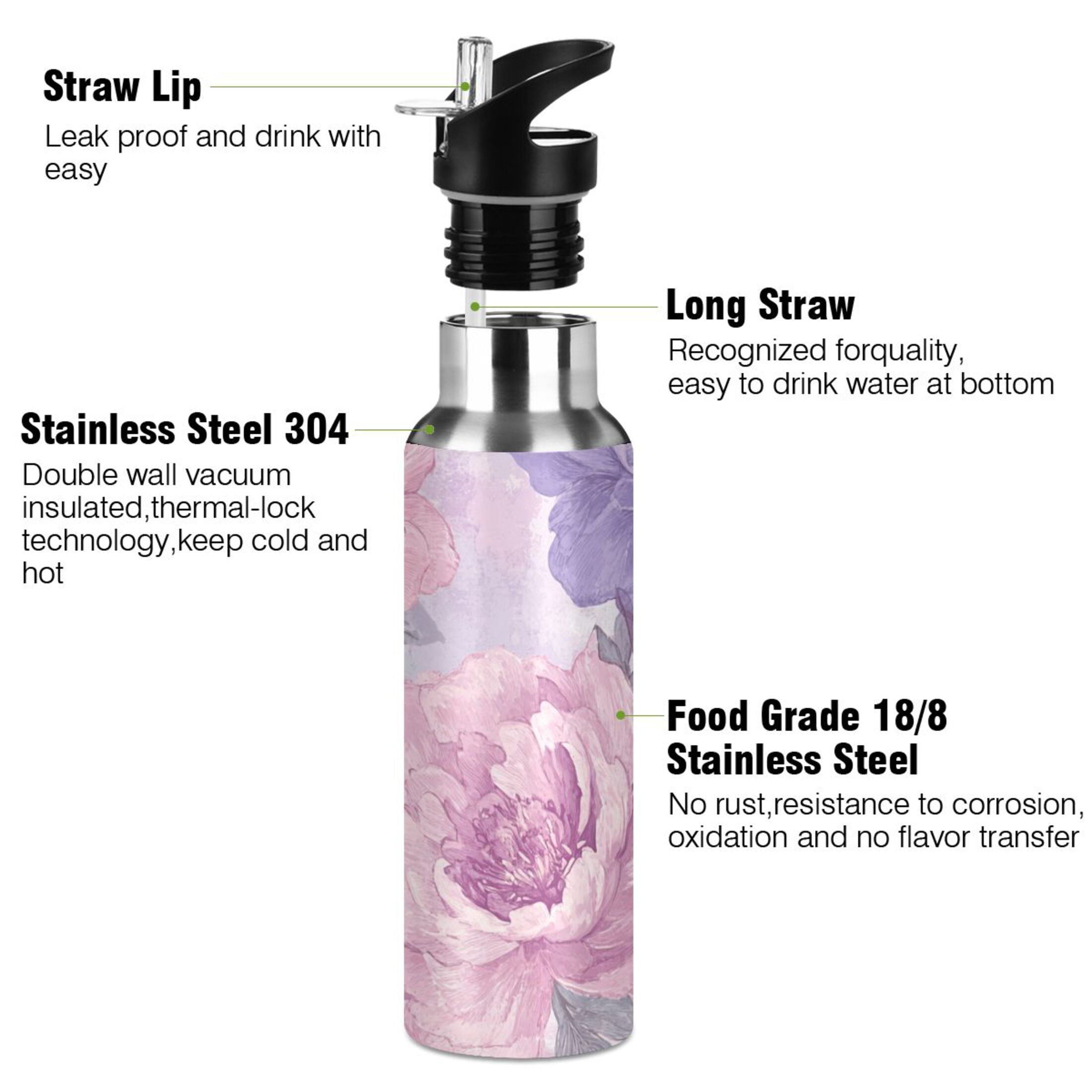 Pink and Lilac Peony Flowers Sports Bottle with Straw Stainless Steel Water Jug Portable Thermal Cup Leak-proof 600ML