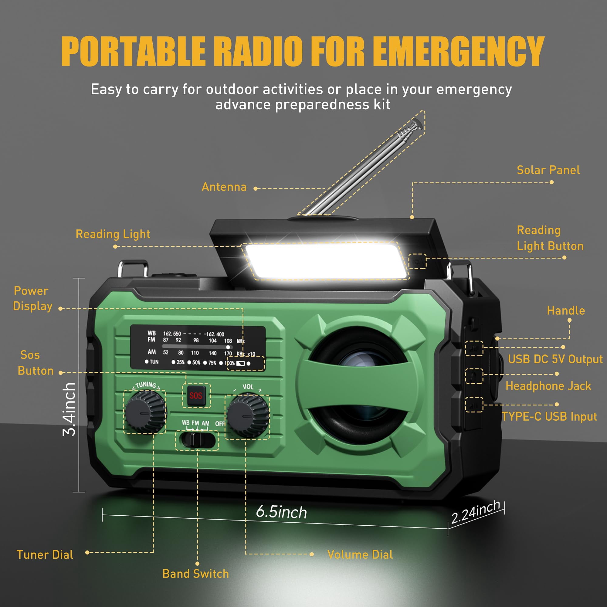Hand Crank Emergency Radio  10000mah Weather With Am/fm/noaa Solar Prower Sos Alarm Phone Charging Led Flashlight Portable Gear For Outdoor & Home Emergencies Kits Light Green