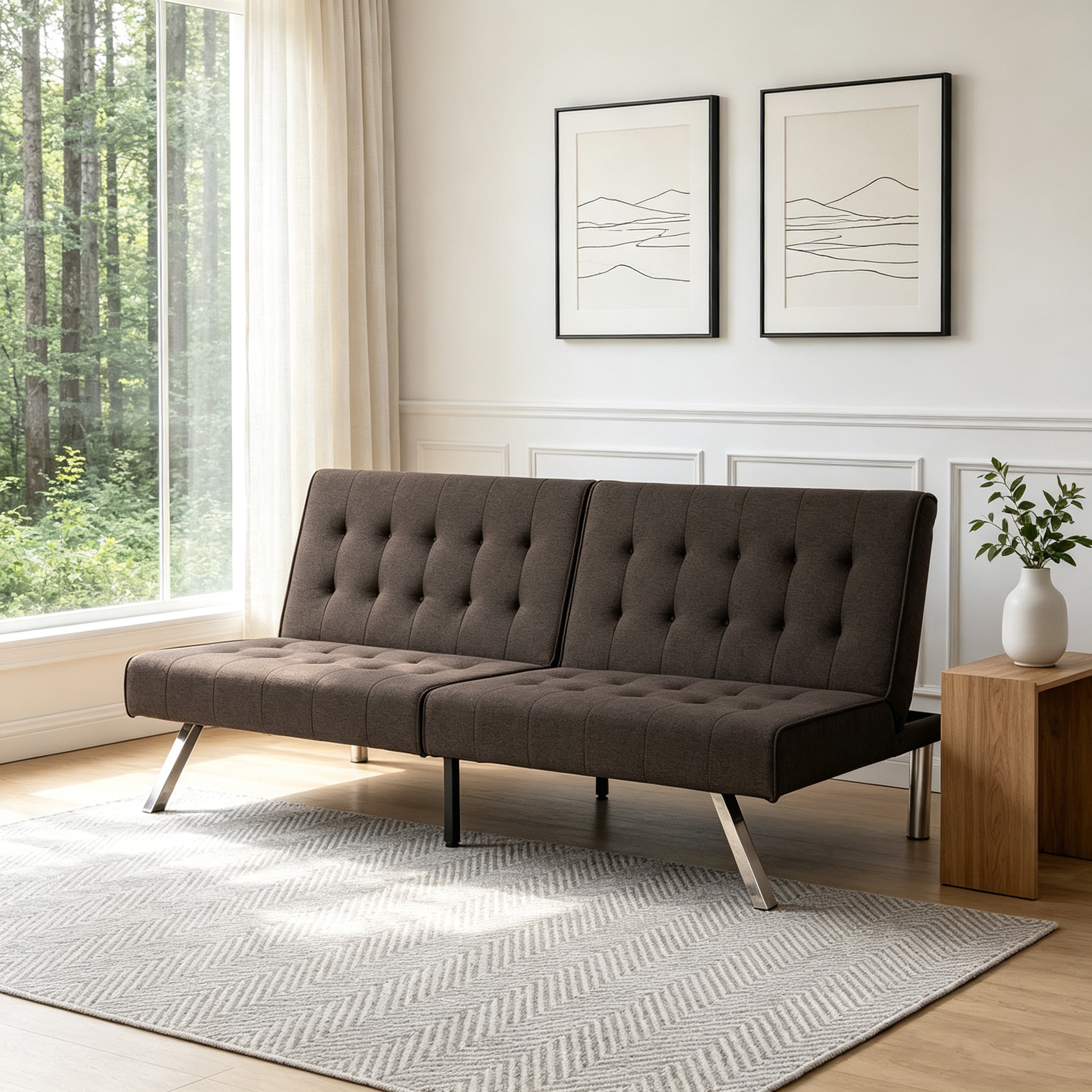 ASINMAK Convertible Sofa Bed Adjustable Couch Sleeper, Fabric Loveseat Futon Bed with Breathable Chenille, Metal Legs, and Adjustable Lounge - Perfect for Compact Living Space - Espresso