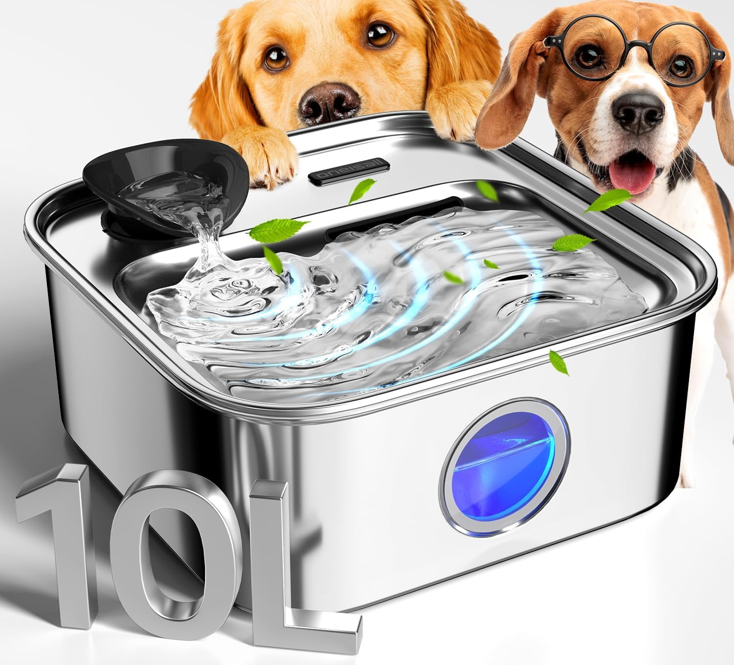 Stainless Steel Automatic Pet Water Fountain, 10L/2.6Gal Large Capacity, Wide Deep Drinking Area, Water Level Window and Triple Filtration System for Large Dogs and Multi-Pet Families