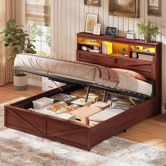 Farmhouse Queen Size Bed Frame with Lift Up Storage & Bookcase Headboard - Wood Platform Bed with USB Charging Station, LED Lights, No Box Spring Needed, Brown