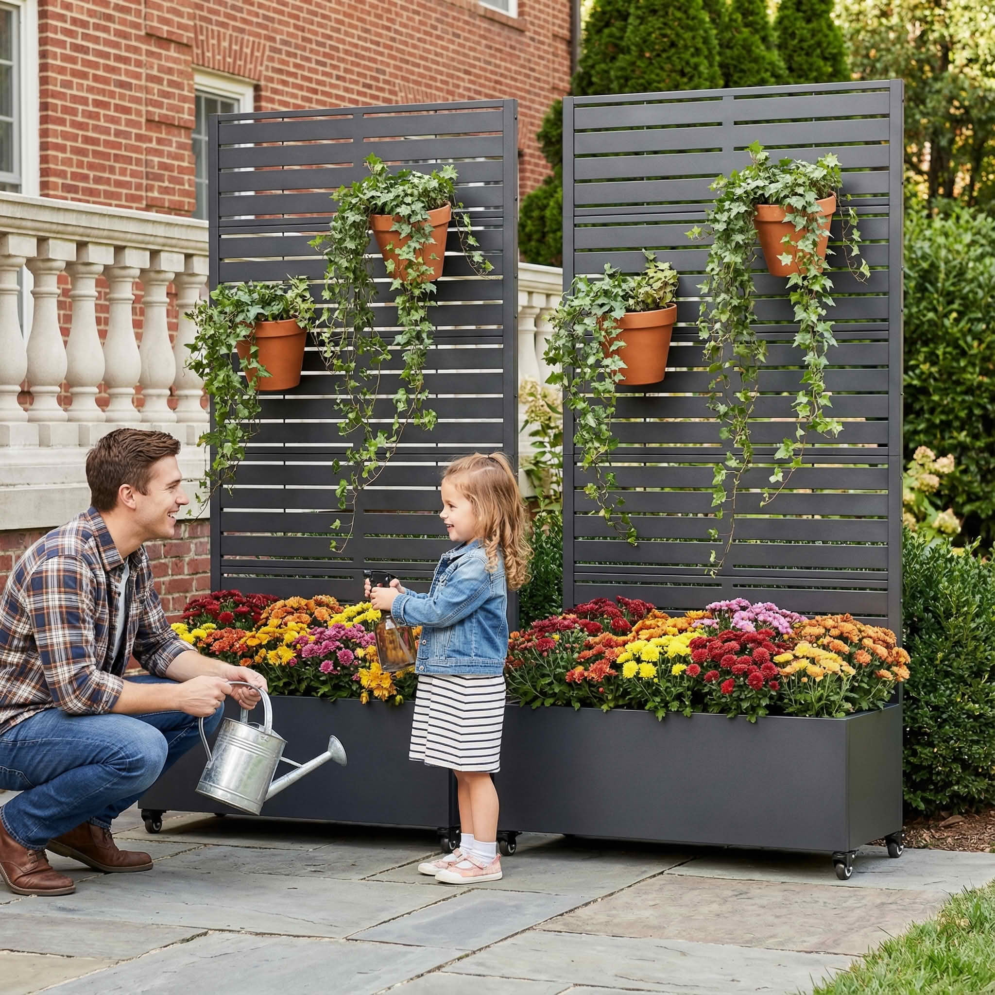MAYEERTY 72x35 Black Double-sided Rectangular Iron Planter Box with Trellis, 5 Piece Set Decorative Garden Screen for Patio and Balcony