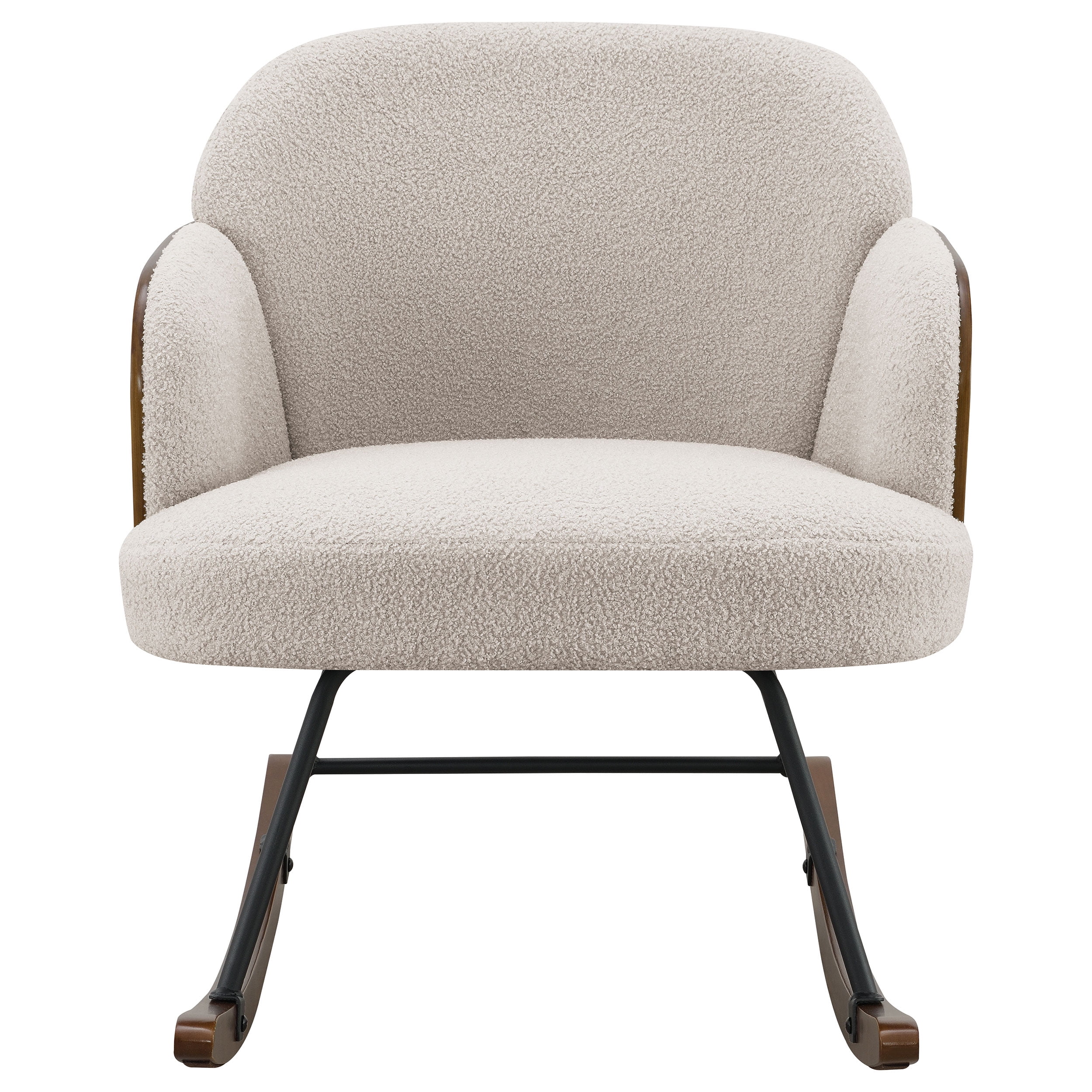 Acpouw Beige Boucle Upholstered Rocking Chair with Walnut Bentwood Frame, Metal Legs, Wooden Rockers, Smooth Motion, 31"H x 27"W x 35.25"D Accent Nursery Rocker
