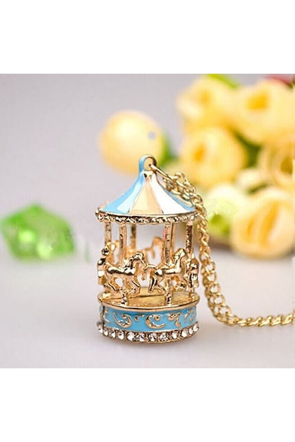 Enamel Carousel Merry Go Round Horse Charm Pendant Sweater Alloy Chain Necklace