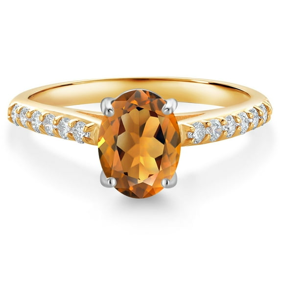 Gem Stone King 10K Yellow and White Gold Orange Red Madeira Citrine and White Lab Grown Diamond Engagement Ring for Women (1.28 Cttw, Oval 8X6MM, Gemstone Birthstone, Size 5)