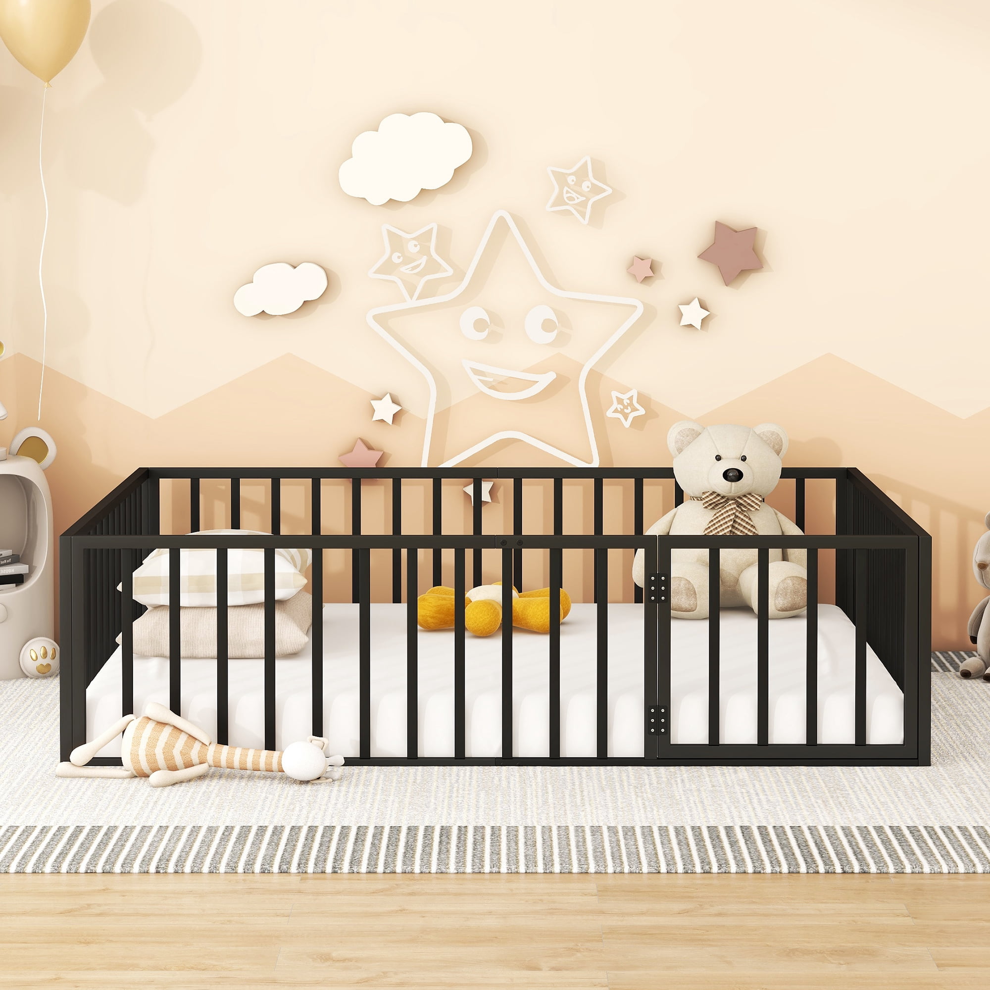 Queen Size Floor Bed with Fence and Door, Low Profile Metal Montessori Bed Frame with Slats Supports,Easy Assembly, No Box Spring Needed,Black