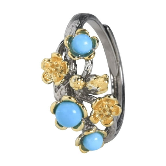 925 Sterling Silver Ring - Vintage Floral Turquoise Ring, Adjustable Gold-Plated Vintage Botanical Style Open Band Rings, Boho Jewelry Gift for Women