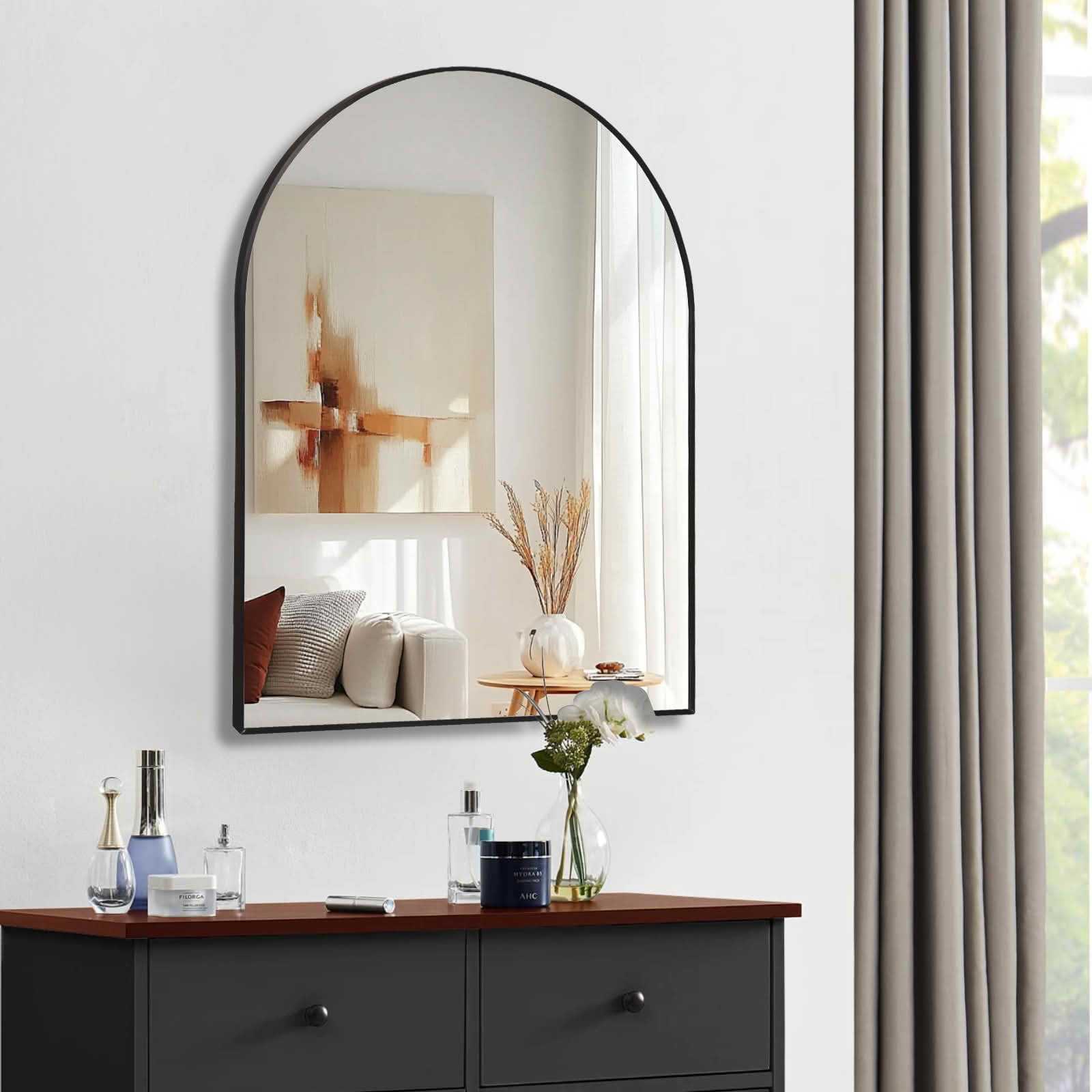 MAYEERTY 30x40 Inch Black Metal Framed Arched Bathroom Wall Mirror, for Oversized Bathroom Decor