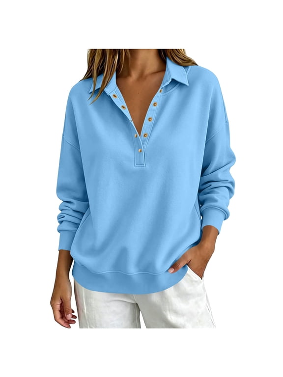 Vynhevius Womens Sweatshirt Lapel Collar Oversize Regular Half Button Placket Rib Cuff Solid Fall Winter Tops