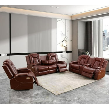 Power Leather Recliner Sofa Set with LED Lights,Living Room Furniture Set, Breathing Leather Sofa Set with USB Port/Storage Console/Cup Holders (3 Pieces Reclining Sofa Set, Auburn)