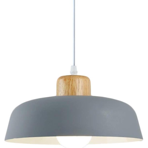 Lámpara colgante de metal redonda, moderna y sencilla nórdica, lámpara de techo E27 con acabado de madera grande, lámpara colgante de color brillante para cocina, dormitorio, sala de estar (gris)