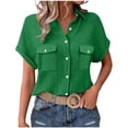 thumbnail image 2 of Craaazy Women's Relaxed Fit Collared Blouse, Solid Color Short Sleeve Button Down Top, Loose Comfy Cotton Casual Shirt with Pockets for Summer Gifts, 2 of 6