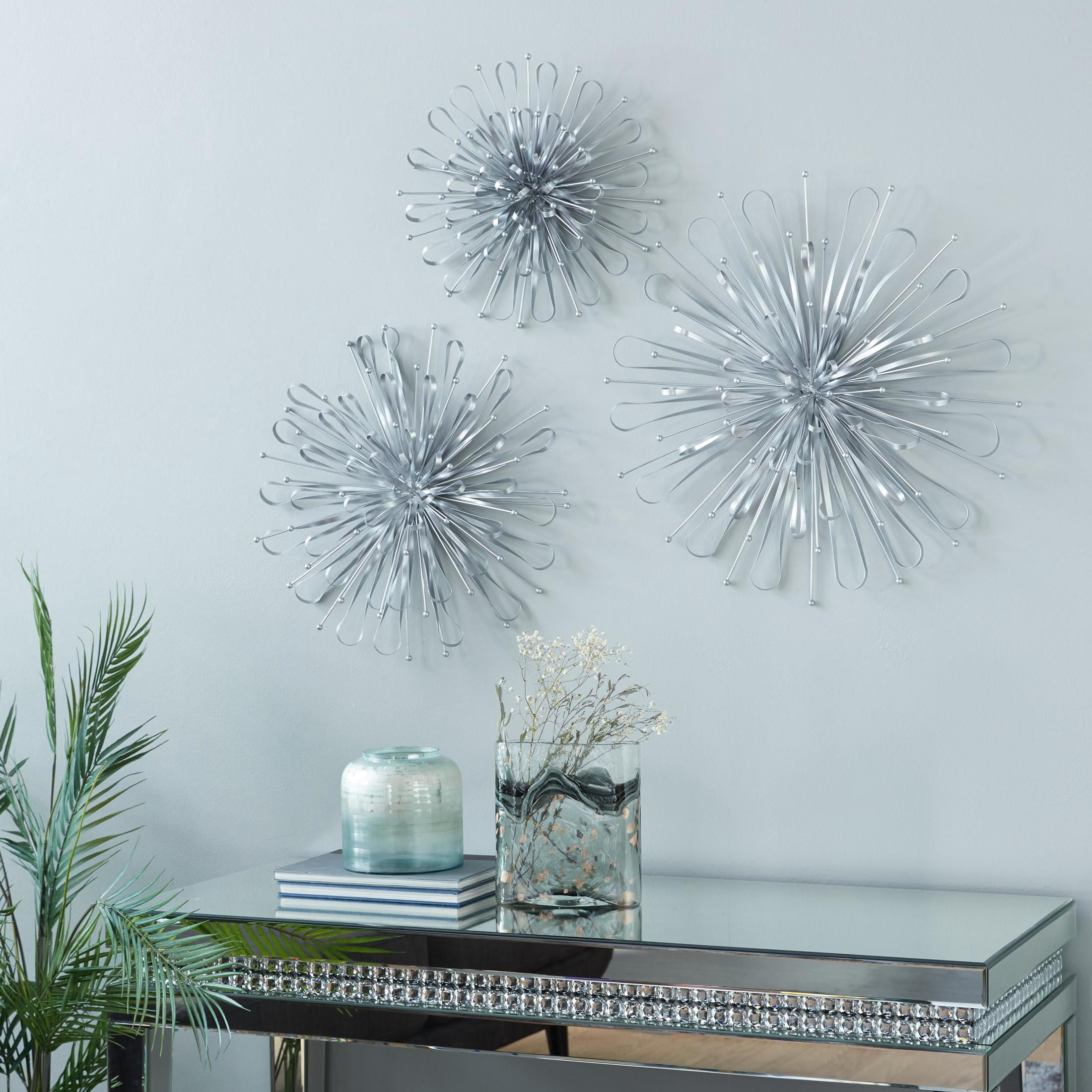 DecMode Silver Metal 3D Looped Floral Starburst Wall Decor with Orb Details (3 Count)