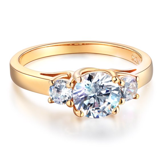 Wellingsale Ladies Solid 14k Yellow Gold Polished CZ Cubic Zirconia Round Cut Three 3 Stone Engagement Ring - Size 4