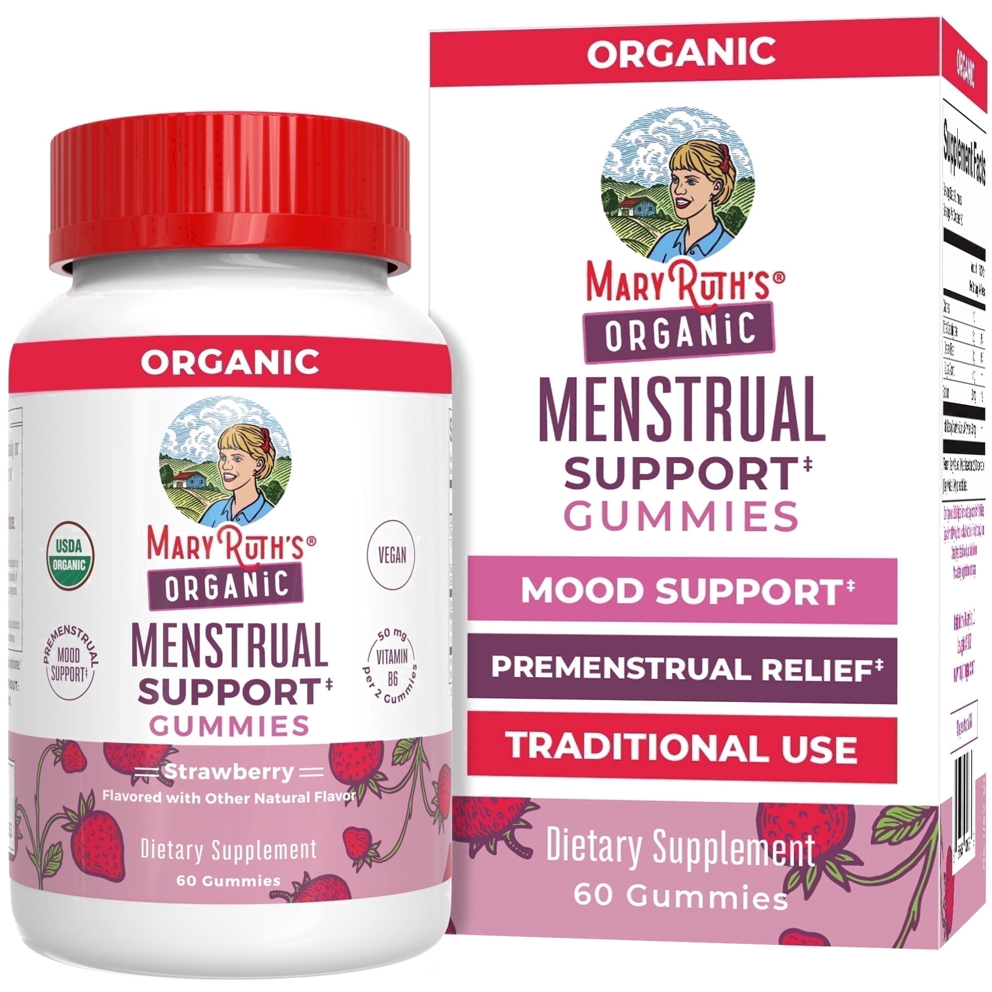 MaryRuth's Organic Menstrual Relief Gummies Dietary Supplement, Vitamin B6, Strawberry Flavor, Women's Health, Gluten-Free, Vegan, 60 Count
