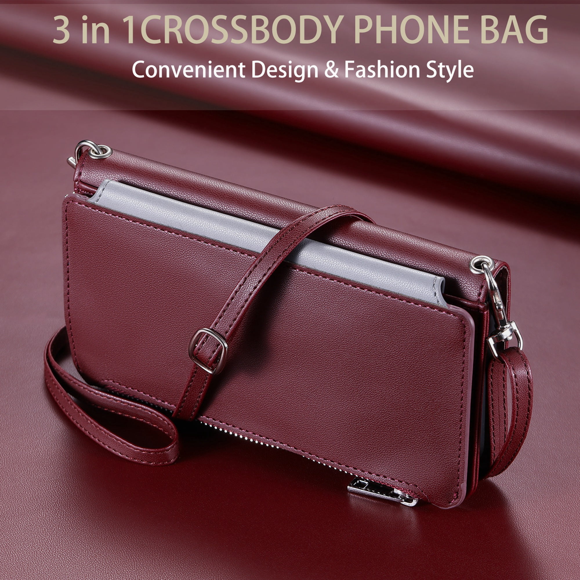 Dteck for iPhone 6s/6 Wallet Case, Crossbody Zipper Purse with Wrist for Women Men, 8-Card Slots Holder PU Leather Kickstand Flip Cover Phone Case,Winered