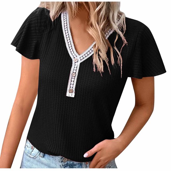 Fesfesfes Workout Top Fashion Women's Summer V-Neck Button Short Sleeve Solid Casual Pullove Blouses Tops Womens Basic Short Sleeve Tops 8(L)
