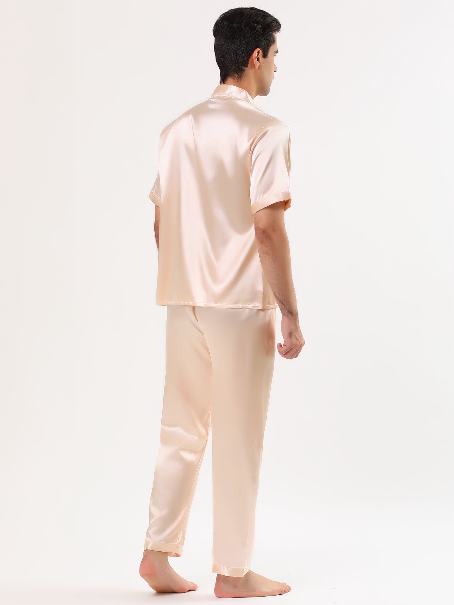 Unique Bargains Men's Button Down Satin Pajama Sets Short Sleeves Nightwear X-Large Rose Gold