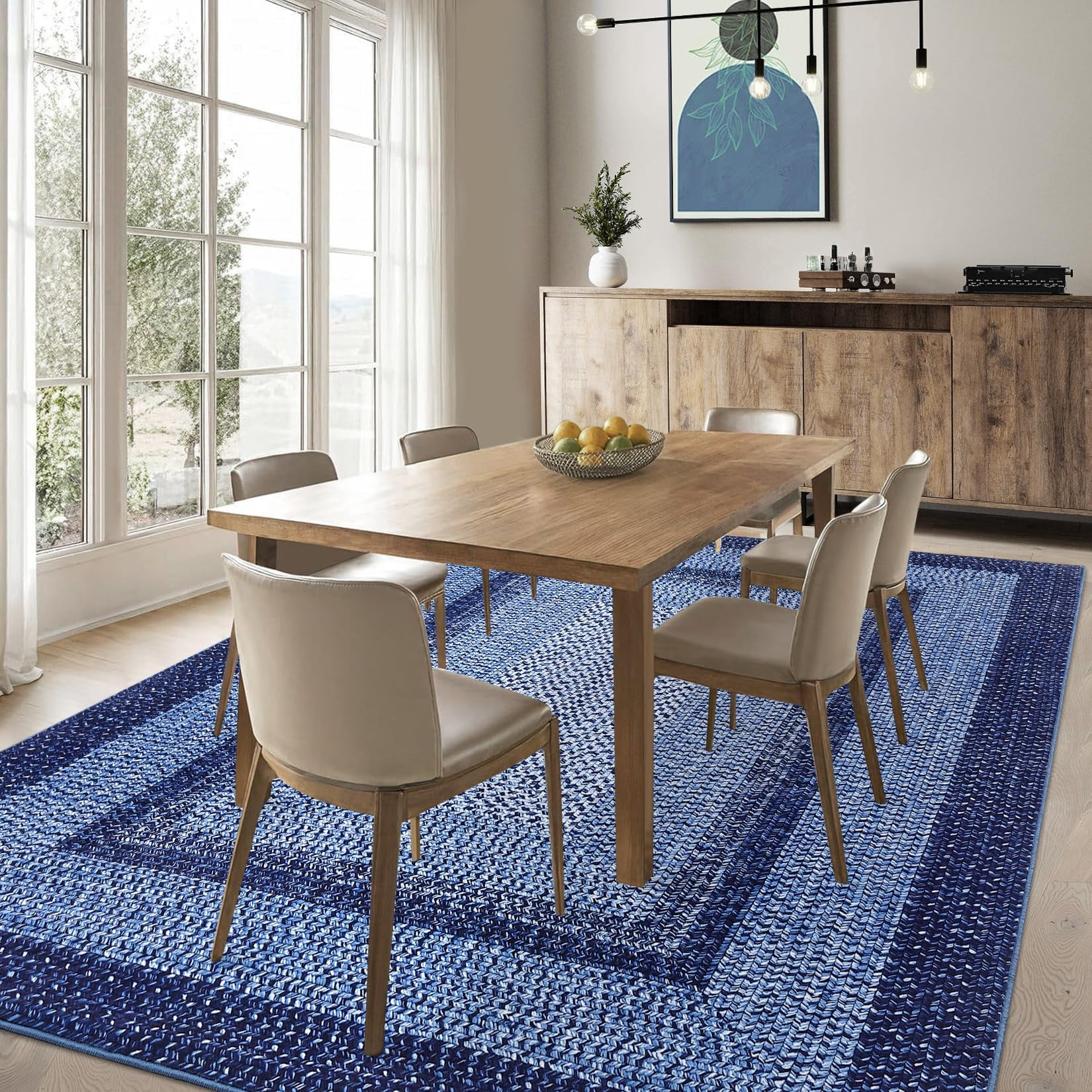 Modern Washable Area Rug 6'x9' Vintage Braided Print Non-Slip Low Pile Carpet for Living Room Bedroom Home Office, Navy Blue