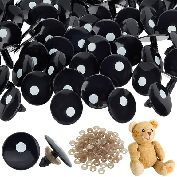 50 Pairs Plastic Safety Eyes 24mm Craft Animal Eyes Flat Round Stuffed Crochet Eyes with Spacer Black Kawaii Safety Eyes for Amigurumi Puppet Plush Animal and Teddy Bear