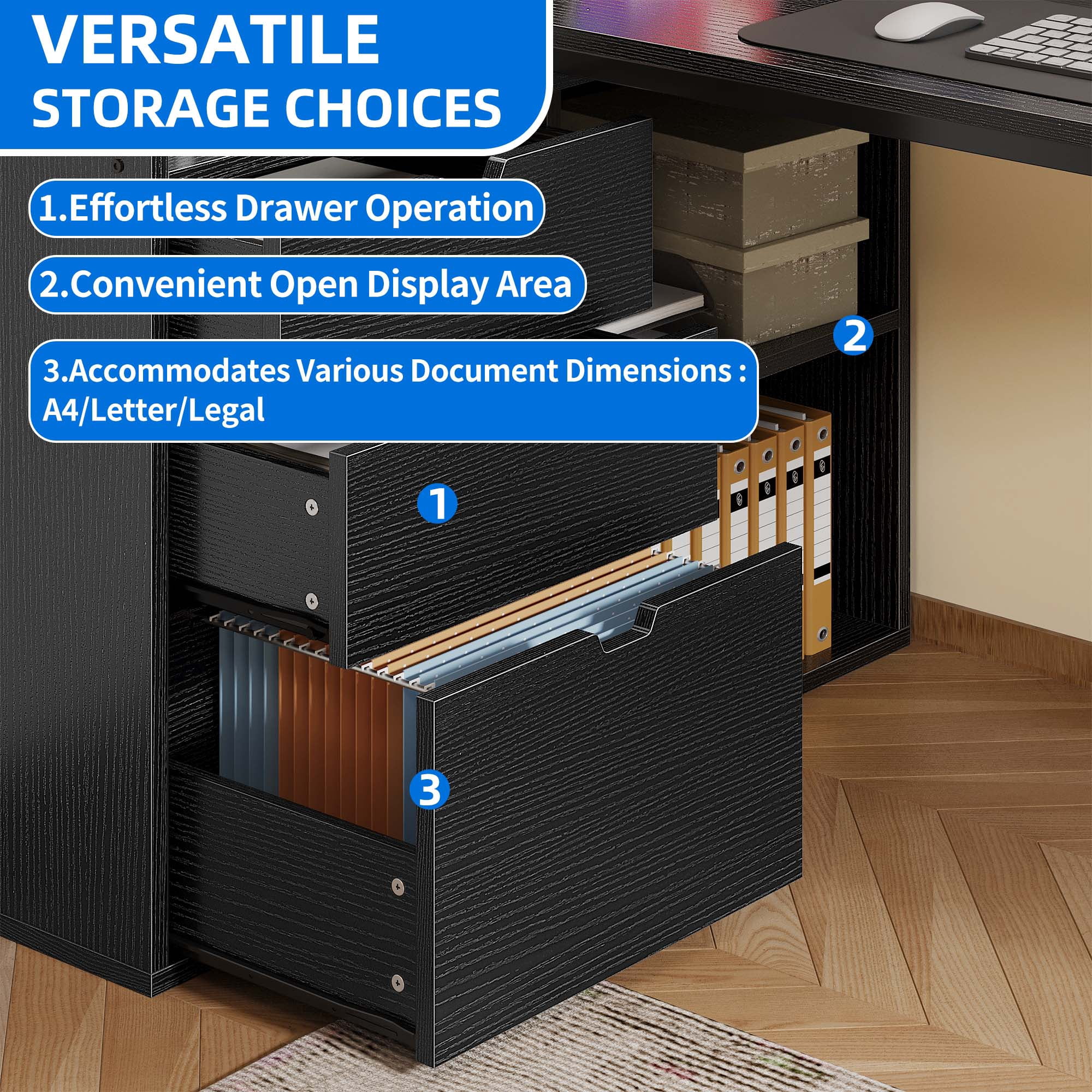 Dextrus L Shaped Desk with Power Outlets & LED Lights, Computer Desk with 3 Drawers and 3 Storage Shelves, White Office Desk Corner Desk for Home Office, Black