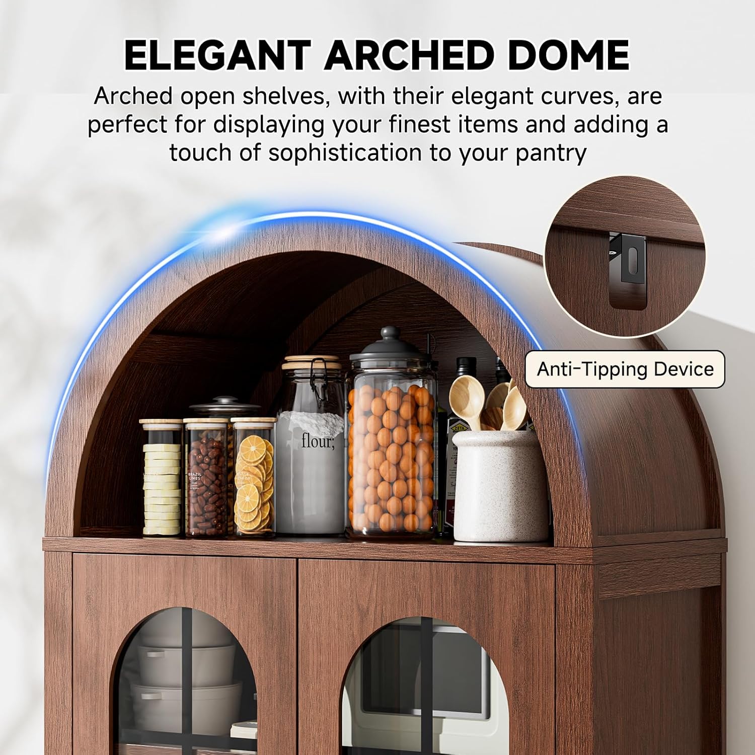Mophoto Arched cabinet Bookshelf Bookcase Storage with Tempered Glass Doors Versatile Kitchen Cabinets,71“ Tall Food Pantry Furniture for Living Dining Room(Black)