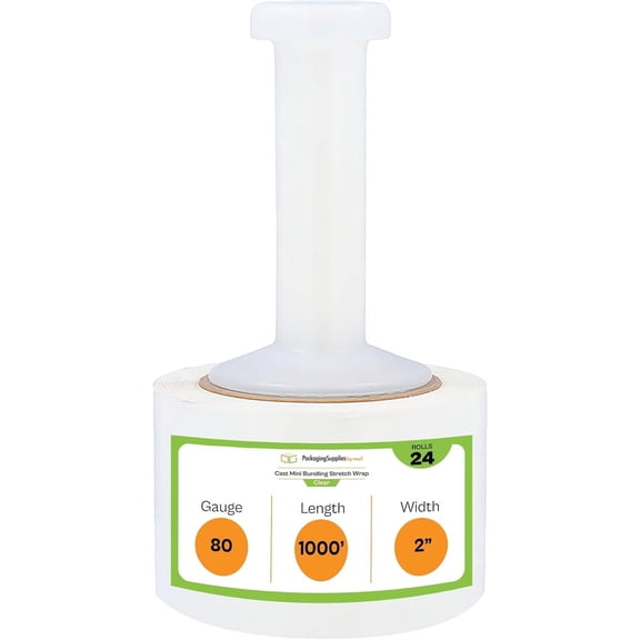 PSBM Cast Mini Hand Stretch Wrap 2" x 1000' 24 Rolls 80 Gauge Clear Shrink Film for Packing 1 Free Plastic Dispenser Handle Per Case
