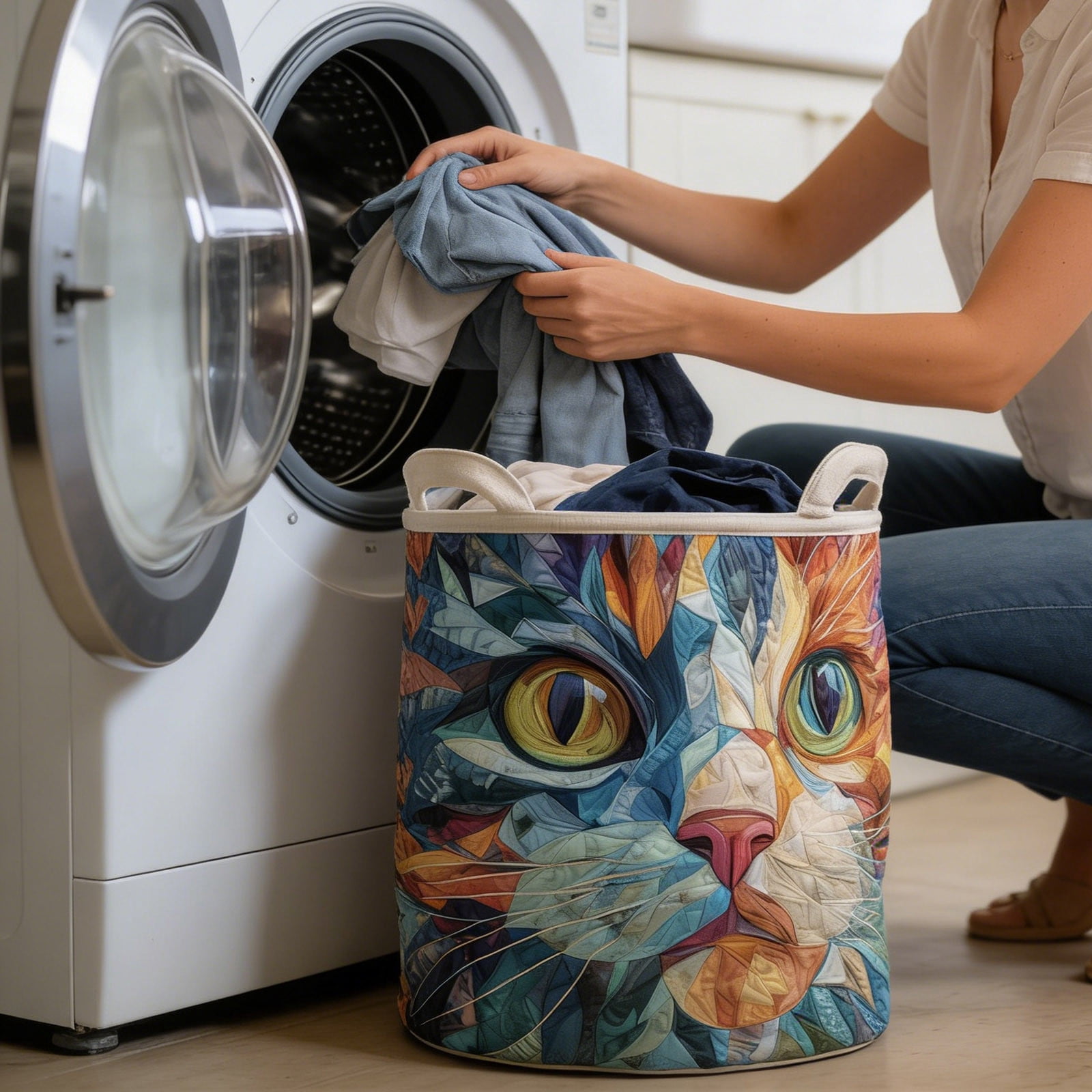 Quilted Laundry Boho Cat Animal Storage Hamper for Nursery Bedroom Laundry Room Sturdy Laundry Hamper with Handles for Home Storage and Laundry Organization Freestanding Utility