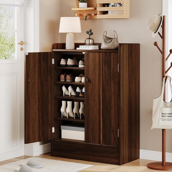 iPormis 6-Tier Shoe Cabinet with Drawer, 47” Tall Large Shoe Storage Cabinet with Doors & Adjustable Shelves, Freestanding Wooden Shoe Rack Organizer Cabinet for Entryway Hallway,Walnut Brown