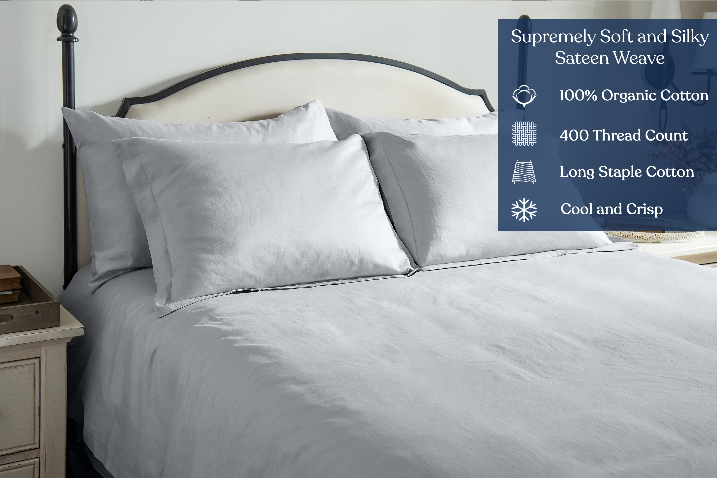 Delara 400TC Organic Cotton California King Sheet Set, GOTS Certified, Ultra Soft Long Staple, Deep Pocket, Breathable & Silky, Light Grey