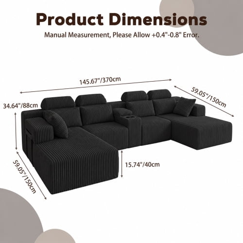 145.7 Inch Oversized U-Shaped Modular Sectional Sofa with Lounge Chaise, Cup Holders & Hidden Storage - Compression Sofa for Home Theater & Luxury Living Room, Black