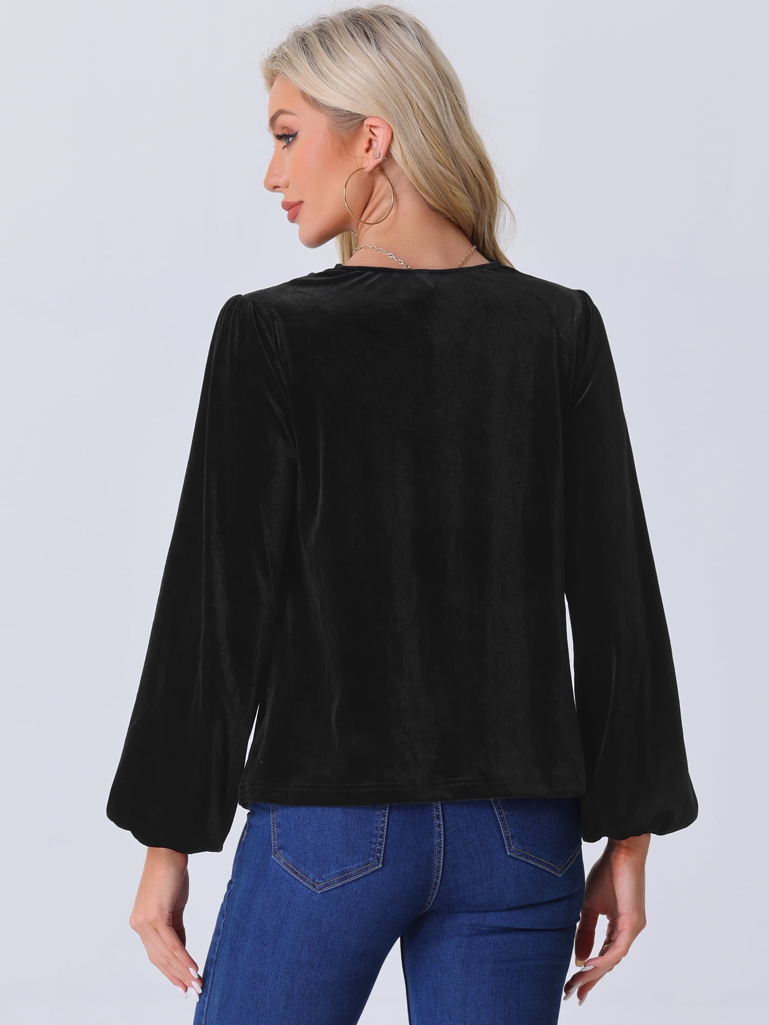 DARING DIVA Women's Vintage Velvet Cowl Neck Lantern Sleeve Blouses S Black