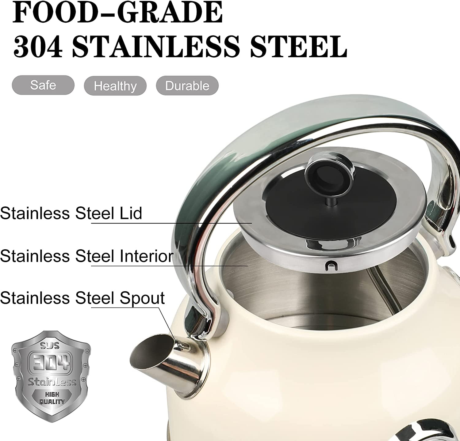 220V Retro Electric Kettle Fully Food Grade 304 Stainless Steel No Plastic  Water Boiler 1200W Fast Boiling Japanese Style Teapot