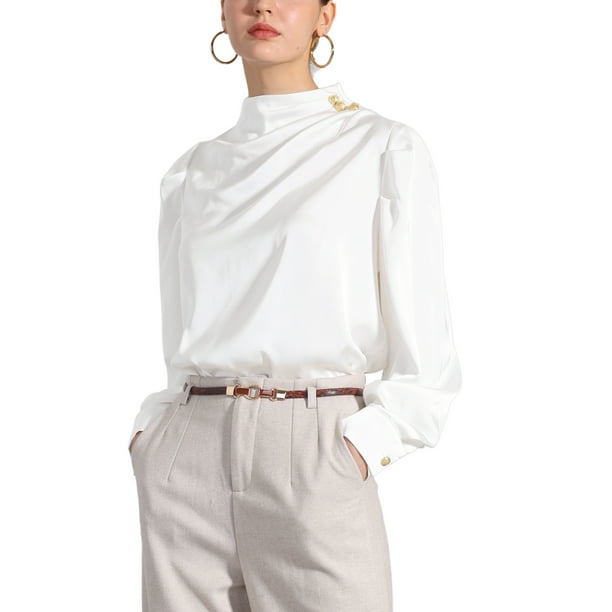 Blusa de satén para mujer Inspire Chic con cuello alto, mangas abullonadas y pliegues, talla XL, blanca