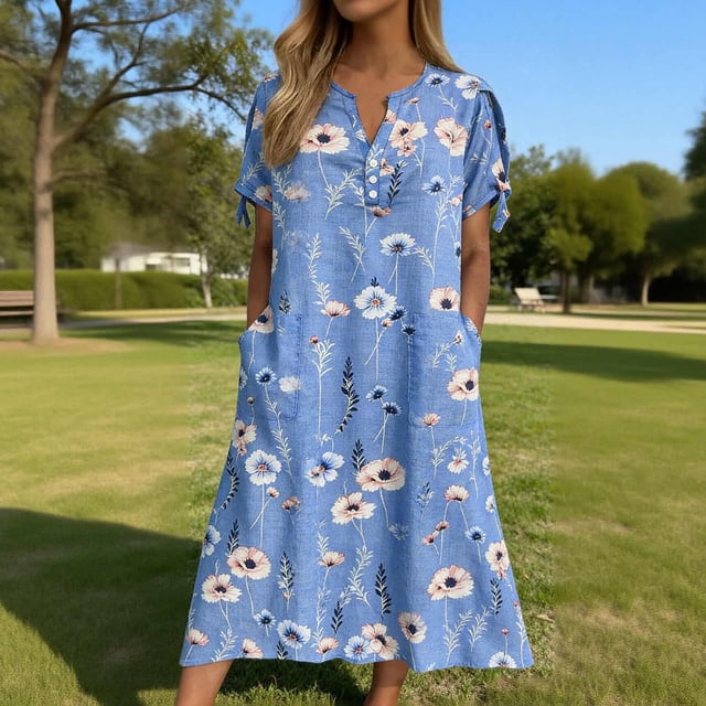 TaTaai Women's Floral Print V-Neck Short Sleeve Midi Dress with Tie Cuff Detail and Side Pockets Casual Fashion Lightweight Flowy Dress for Spring Summer Daily Vacation Outings Gift